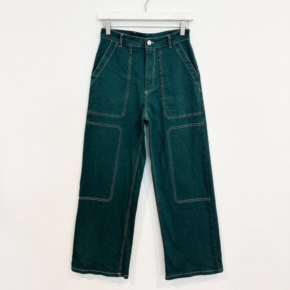 By Dyln Cooper Contrast Stitch High Rise Wide Leg Jeans Baggy Pants Green Small - Picture 3 of 13